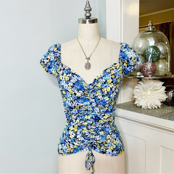 Ruched Floral Ribbed Cap Sleeve Top Blue Yellow Green Flowers Medium - Picture 1 of 9